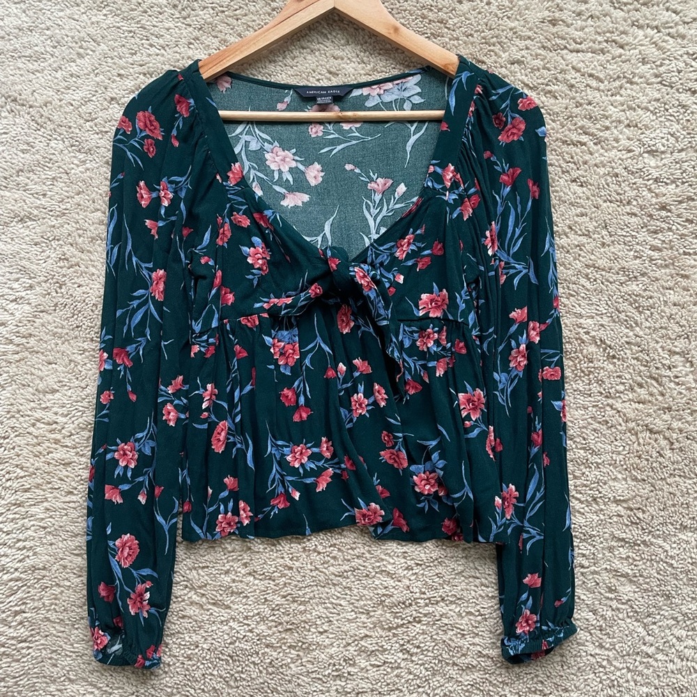 American Eagle Outfitters Dark Green Floral Blouse - XS